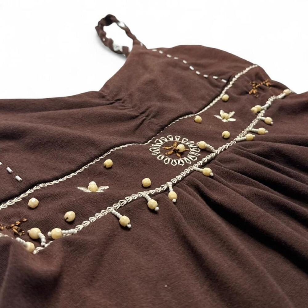 Brown babydoll top with white beaded details and adjustable straps Size M 2000s - Picture 3 of 8